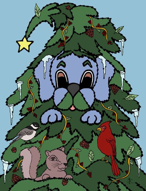 Dreamee Dog enjoys Christmas stories & books - Christmas Tree, Contruction Site & Minnie & Moo.